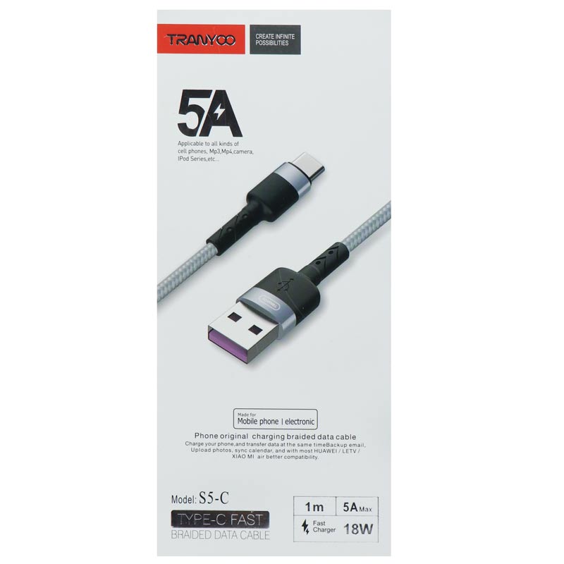 کابل فست شارژ Tranyoo S5-C 5A Type-C 1m