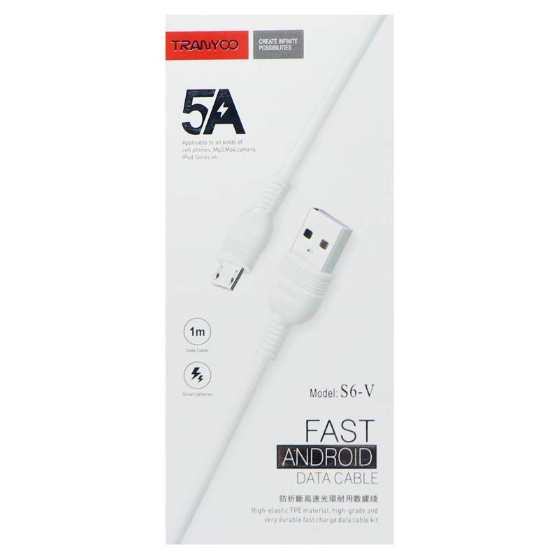 کابل میکرو یو اس بی فست شارژ Tranyoo S6-V 5A 1m