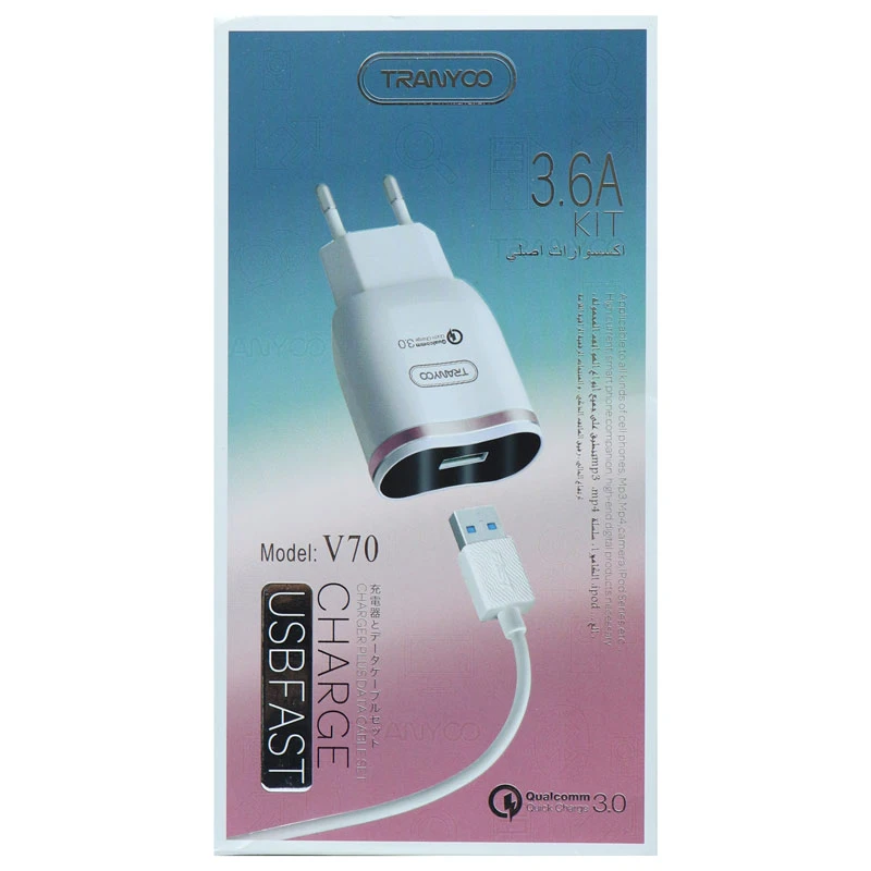 شارژر دیواری فست شارژ Tranyoo V70 QC3 3.6A 18W + کابل میکرو یو اس بی