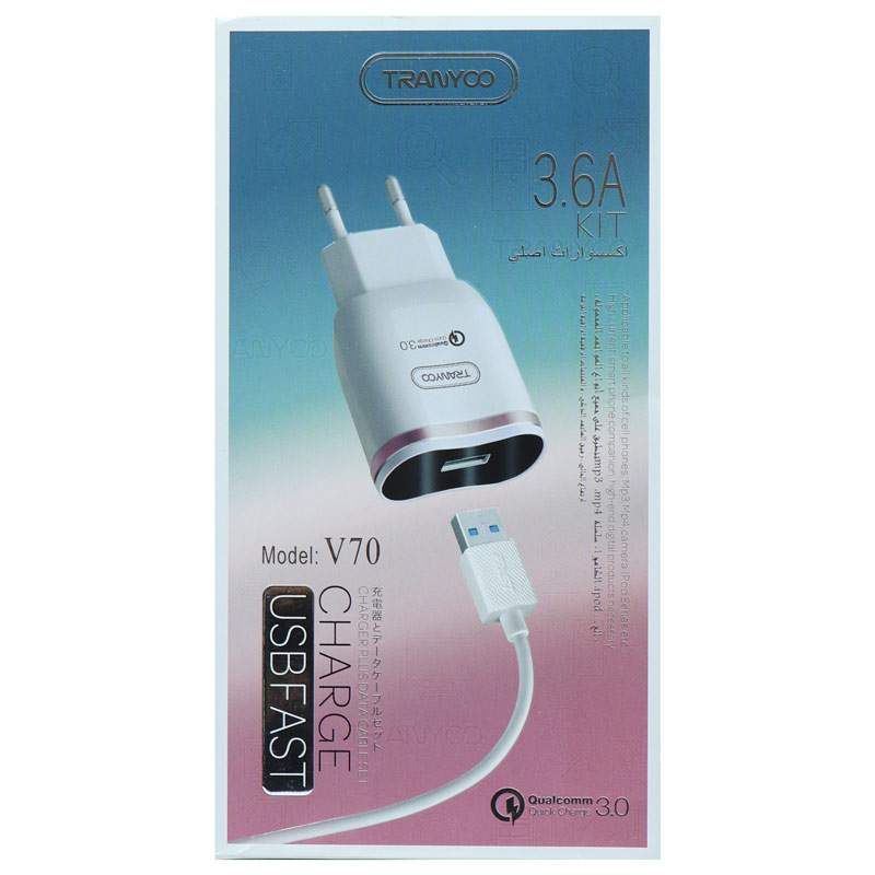شارژر دیواری فست شارژ Tranyoo V70 QC3 3.6A 18W + کابل میکرو یو اس بی