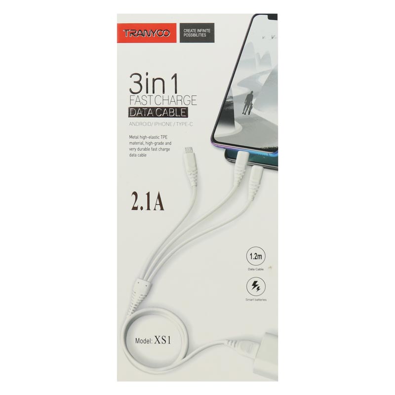 کابل 3 سر فست شارژ Tranyoo XS1 2.1A 1.2m