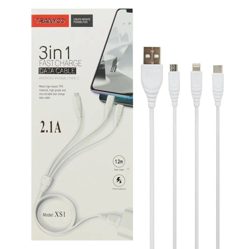 کابل 3 سر فست شارژ Tranyoo XS1 2.1A 1.2m