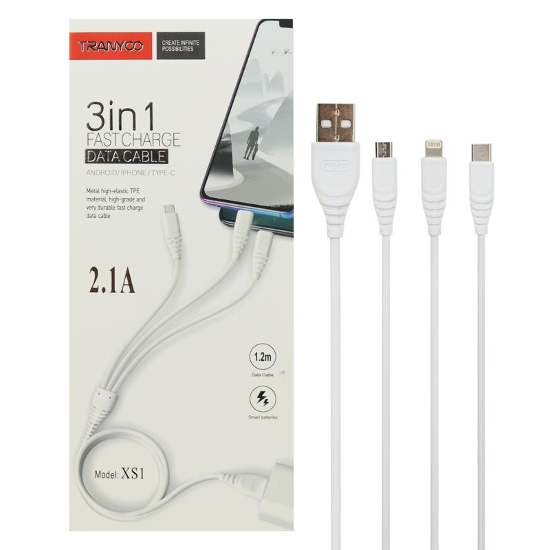 کابل 3 سر فست شارژ Tranyoo XS1 2.1A 1.2m