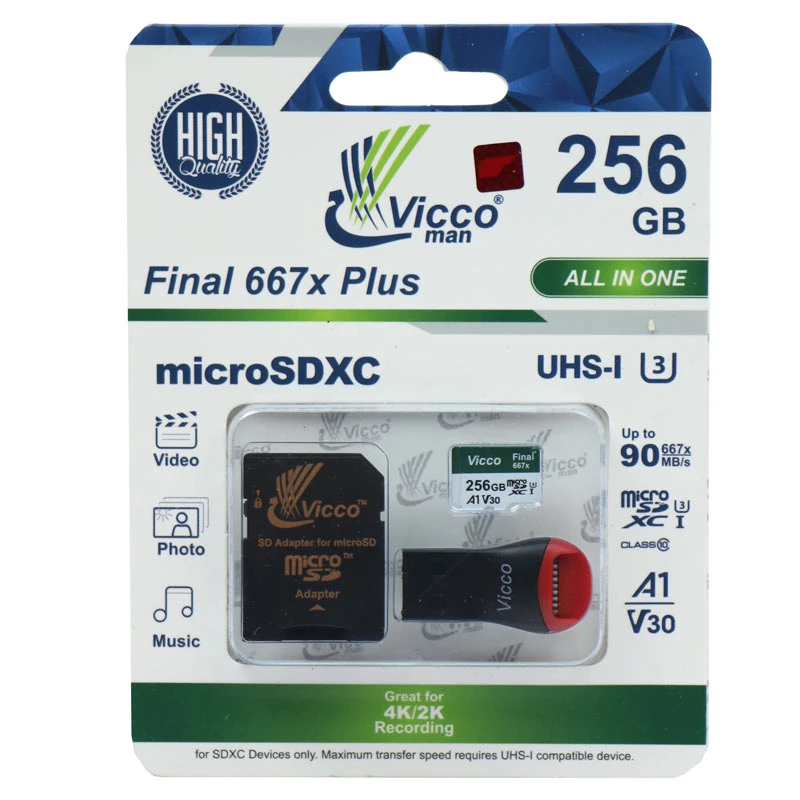 رم میکرو 256 گیگ ویکومن Vicco Man Final A1 V30 U3 C10 90MB/s + رم ریدر