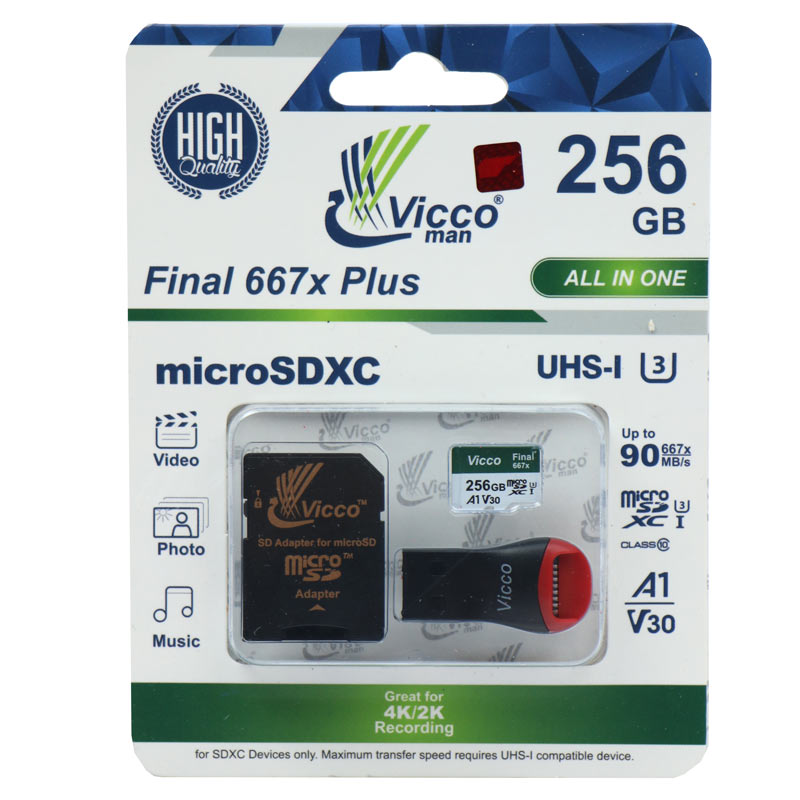 رم میکرو 256 گیگ ویکومن Vicco Man Final A1 V30 U3 C10 90MB/s + رم ریدر