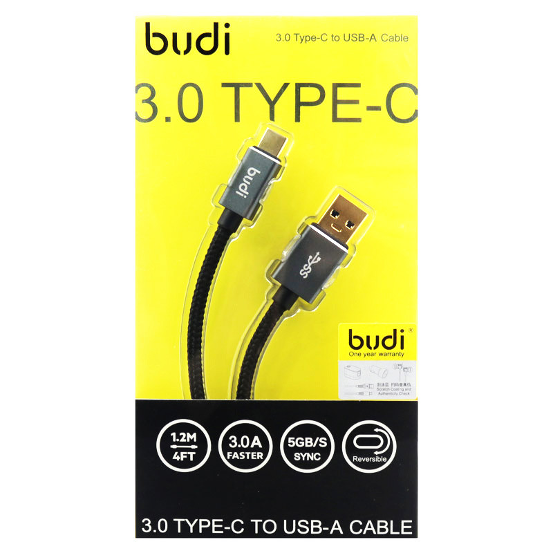 کابل فست شارژ BUDI M8J178T-BLK 3A Type-C 1.2m