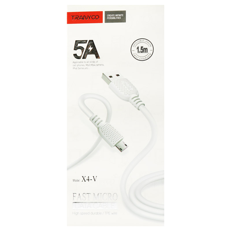 کابل میکرو یو اس بی فست شارژ Tranyoo X4-V 5A 1.5m