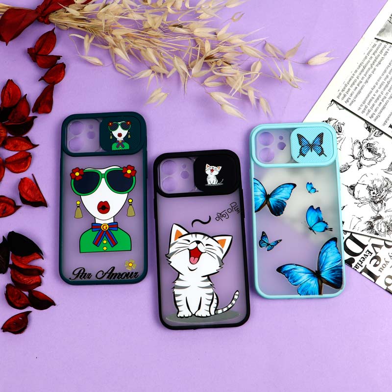 قاب محافظ لنز دار کشویی طرحدار دخترانه iPhone 12 سری B