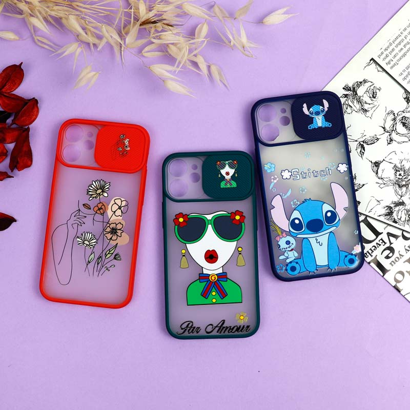 قاب محافظ لنز دار کشویی طرحدار دخترانه iPhone 12 Mini سری B