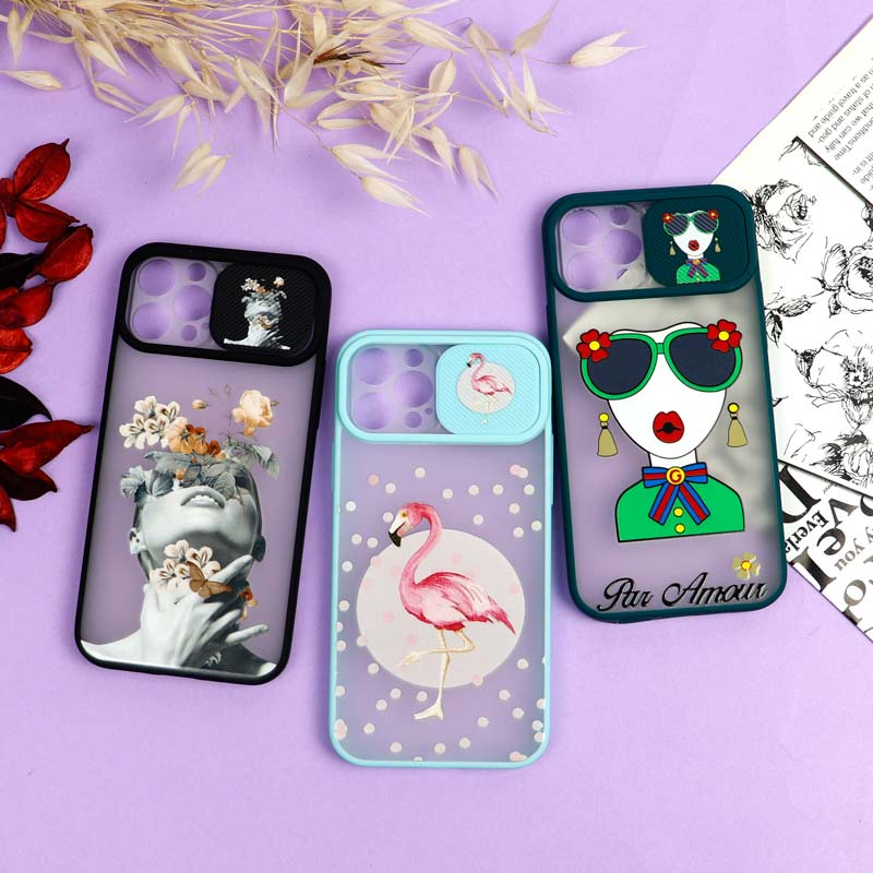 قاب محافظ لنز دار کشویی طرحدار دخترانه iPhone 12 Pro سری B