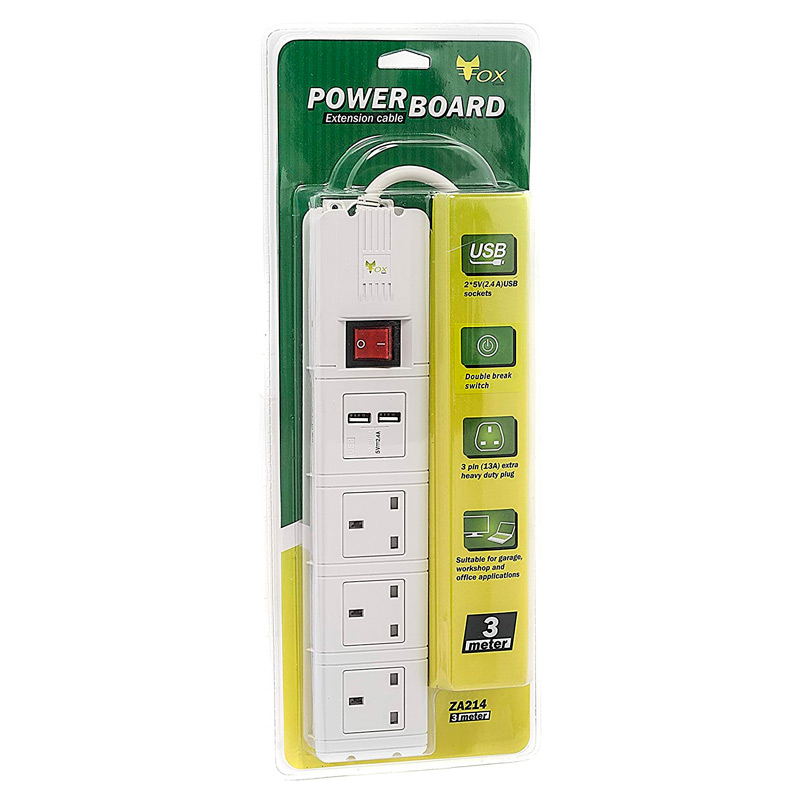 چند راهی 3 خانه برق Fox ZA214 با کابل 3 متری + شارژر USB