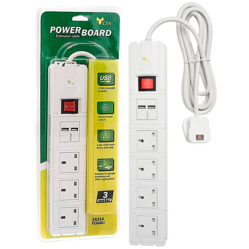 چند راهی 3 خانه Fox ZA214 با کابل 3 متری + شارژر USB