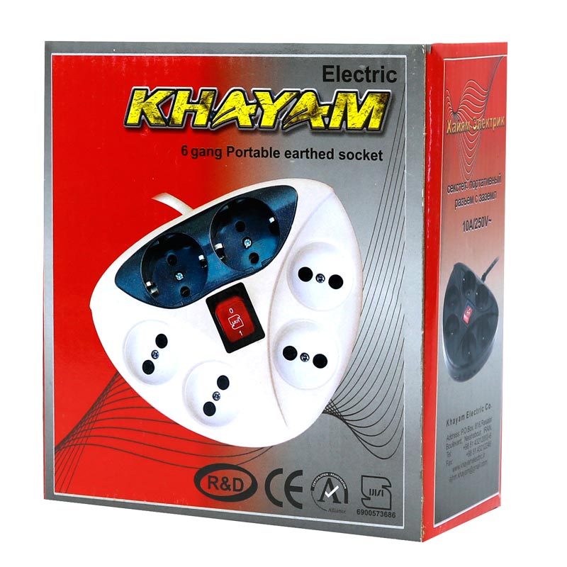 چند راهی 6 خانه برق ارت دار خیام الکتریک با کابل 2 متری Khayam Electric KH2060