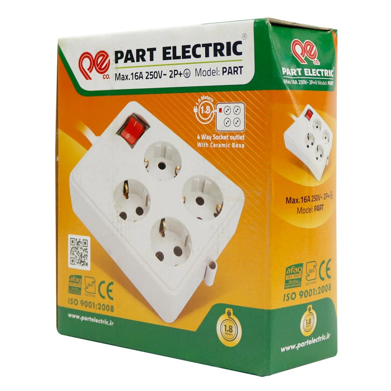 چند راهی 4 خانه ارت دار پارت الکتریک PE317 با کابل 1.8 متری