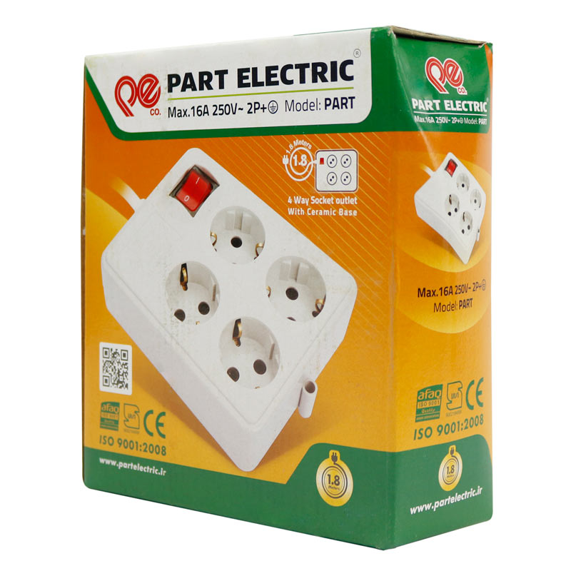 چند راهی 4 خانه ارت دار پارت الکتریک PE317 با کابل 1٫8 متری