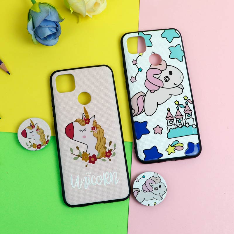 قاب فانتزی برجسته + پاپ سوکت طرح یونیکورن شیائومی Redmi 9C سری D
