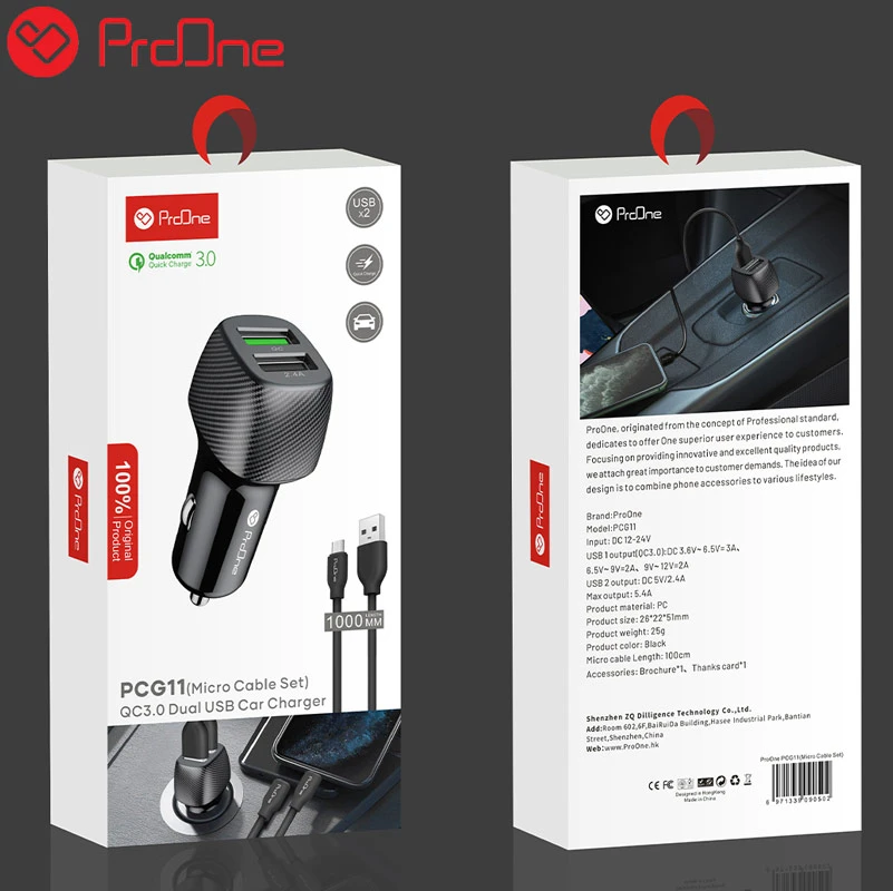 شارژر فندکی فست شارژ ProOne PCG11 QC3 + کابل میکرو یو اس بی