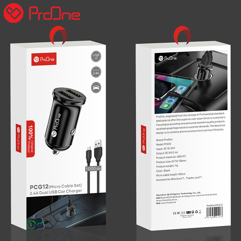 شارژر فندکی ProOne PCG12 2.4A + کابل میکرو یو اس بی