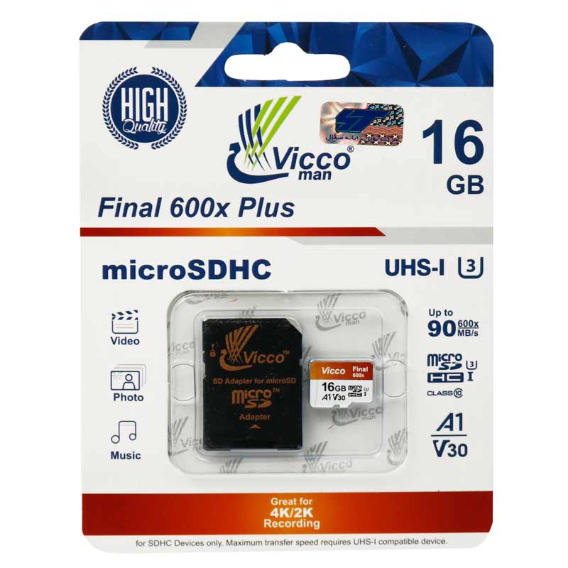 رم میکرو 16 گیگ ویکومن ViccoMan Final 600x Plus U3 A1 V30 C10 90MB/s + خشاب