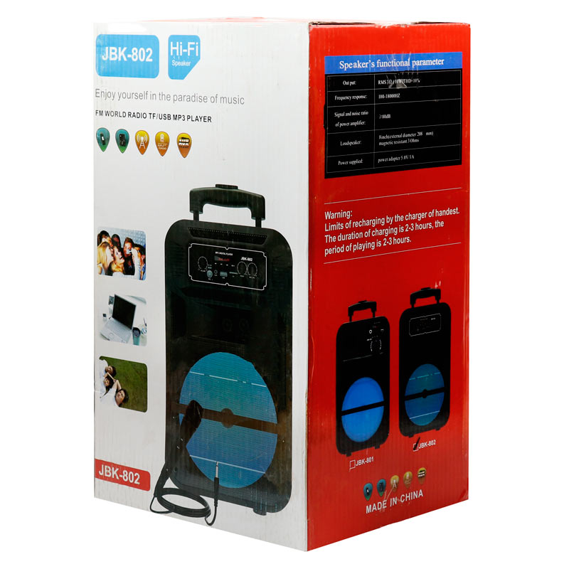 اسپیکر چمدانی بلوتوثی رم و فلش خور JBK-802 + میکروفون و ریموت کنترل