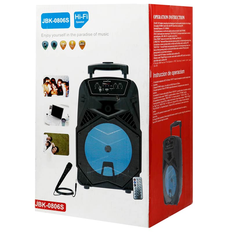 اسپیکر چمدانی بلوتوثی رم و فلش خور JBK-0806S + میکروفون و ریموت کنترل