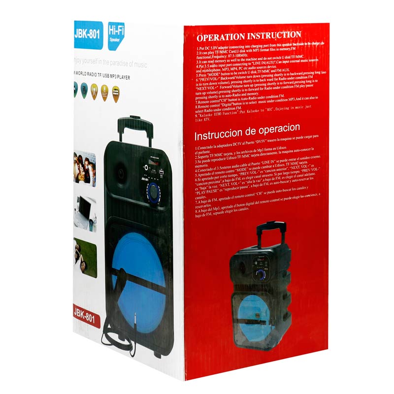 اسپیکر چمدانی بلوتوثی رم و فلش خور JBK-801 + میکروفون و ریموت کنترل