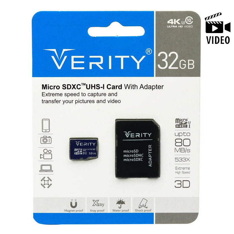 رم میکرو 32 گیگ وریتی Verity Extreme U3 C10 80MB/s + خشاب