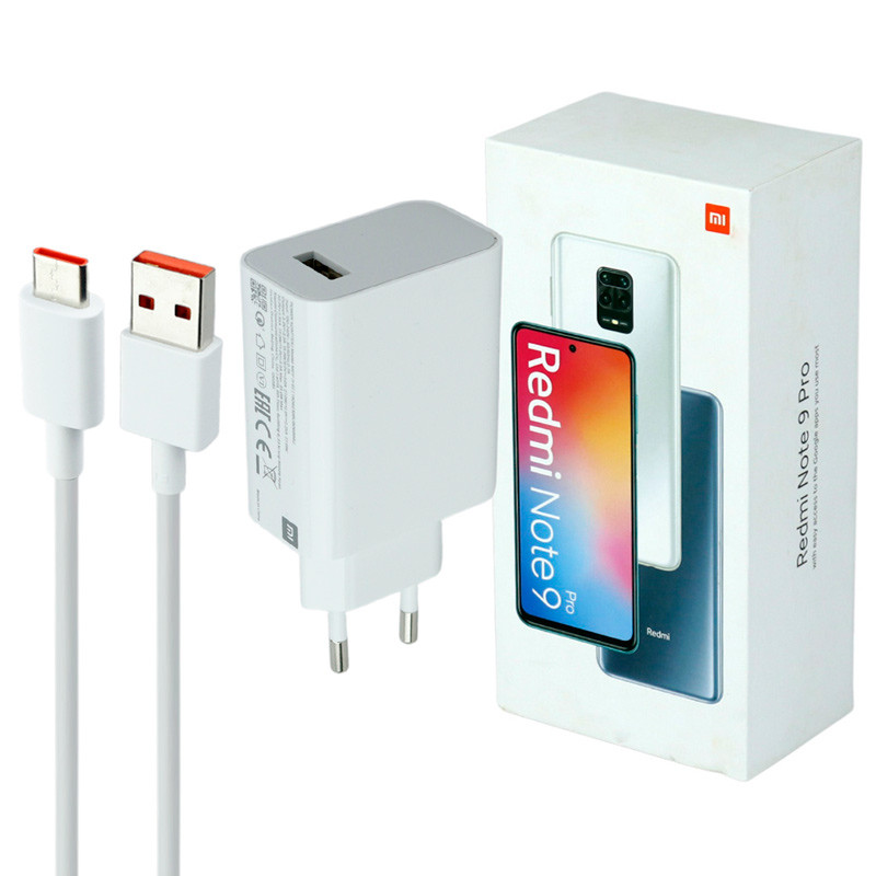 شارژر دیواری فست شارژ Xiaomi Redmi Note 9 Pro 3A QC3 PD 33W سرجعبه + کابل Type-C و جعبه گوشی