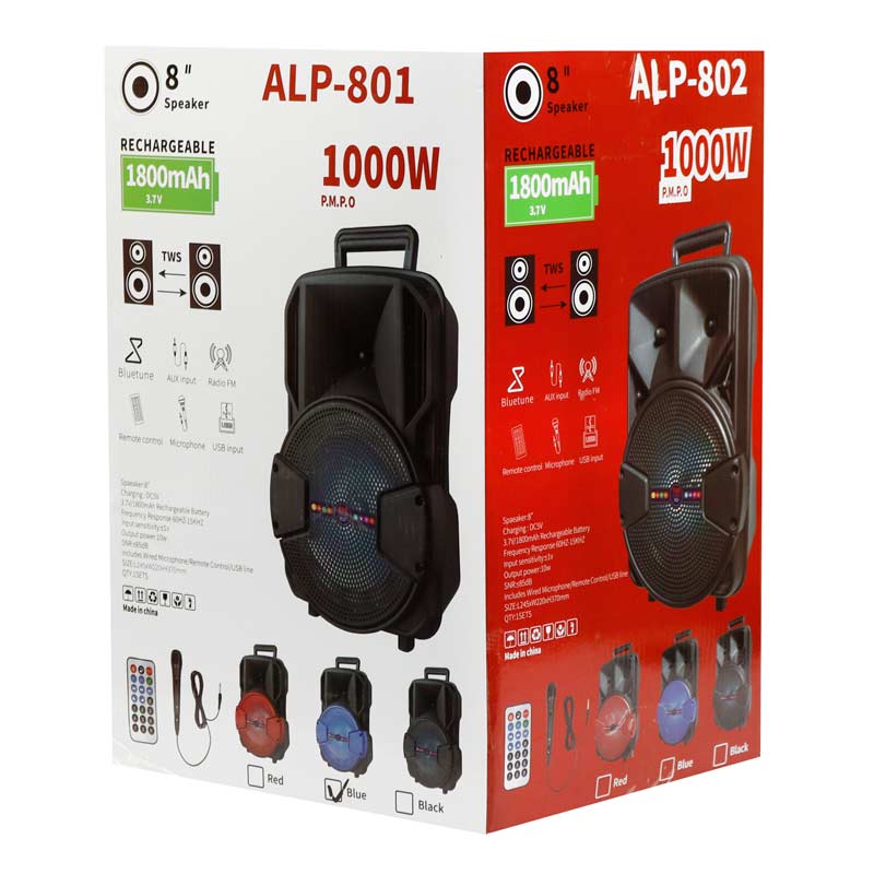 اسپیکر چمدانی بلوتوثی رم و فلش خور ALP-801 + میکروفون و ریموت کنترل