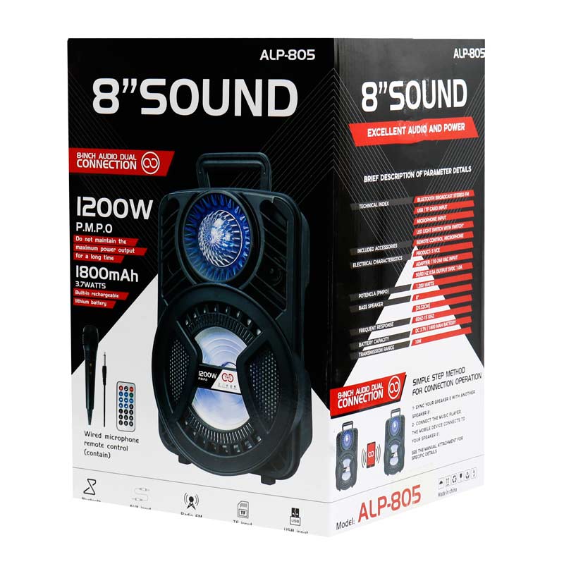 اسپیکر چمدانی بلوتوثی رم و فلش خور ALP-805 + میکروفون و ریموت کنترل