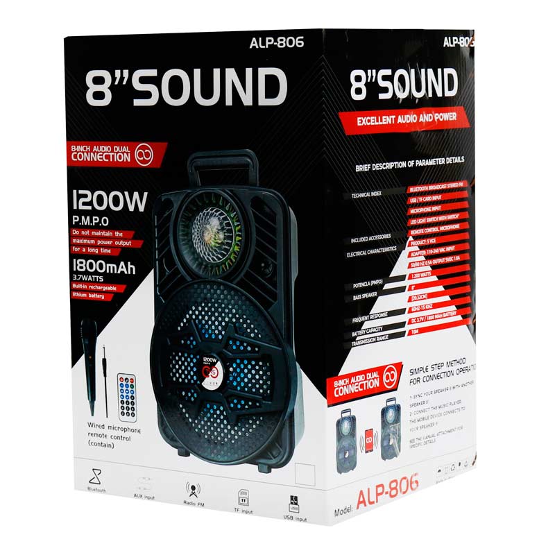 اسپیکر چمدانی بلوتوثی رم و فلش خور ALP-806 + میکروفون و ریموت کنترل
