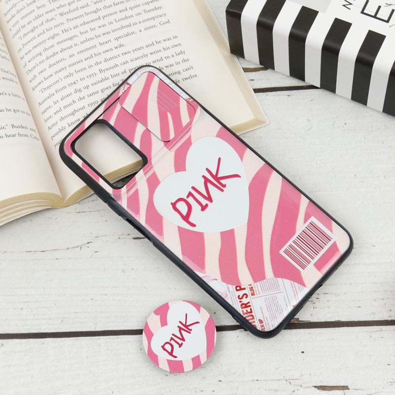 قاب طرحدار محافظ لنز دار کشویی + پاپ سوکت طرح Pink شیائومی Poco M3