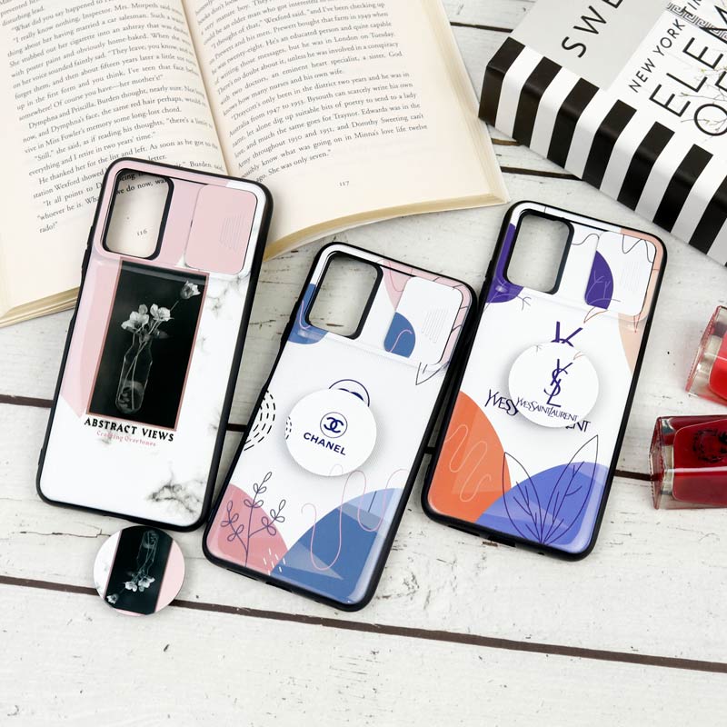 قاب طرحدار محافظ لنز دار کشویی + پاپ سوکت طرح Pink شیائومی Poco M3