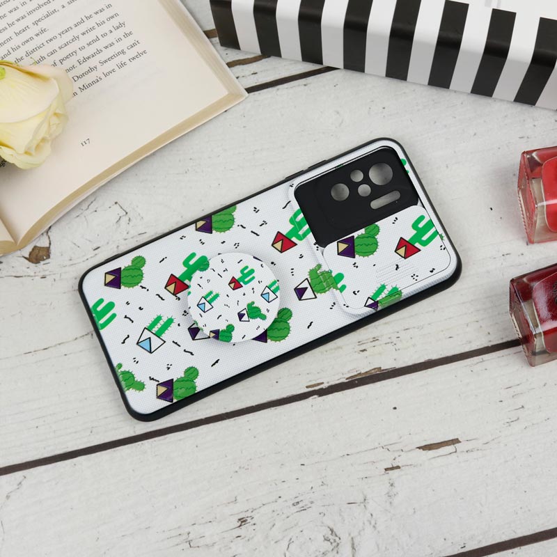 قاب طرحدار محافظ لنز دار کشویی + پاپ سوکت طرح کاکتوس شیائومی Redmi Note 10 / Note 10s