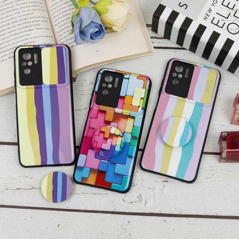 قاب طرحدار محافظ لنز دار کشویی + پاپ سوکت طرح رنگین کمانی شیائومی Redmi Note 10 / Note 10s