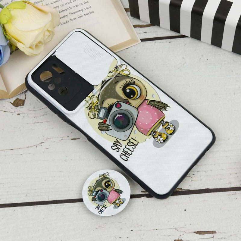 قاب طرحدار محافظ لنز دار کشویی + پاپ سوکت طرح جغد شیائومی Redmi Note 10 / Note 10s