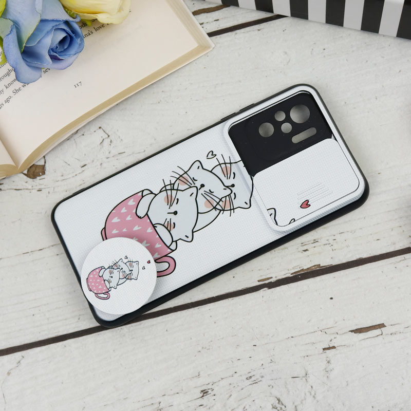 قاب طرحدار محافظ لنز دار کشویی + پاپ سوکت طرح گربه شیائومی Redmi Note 10 / Note 10s