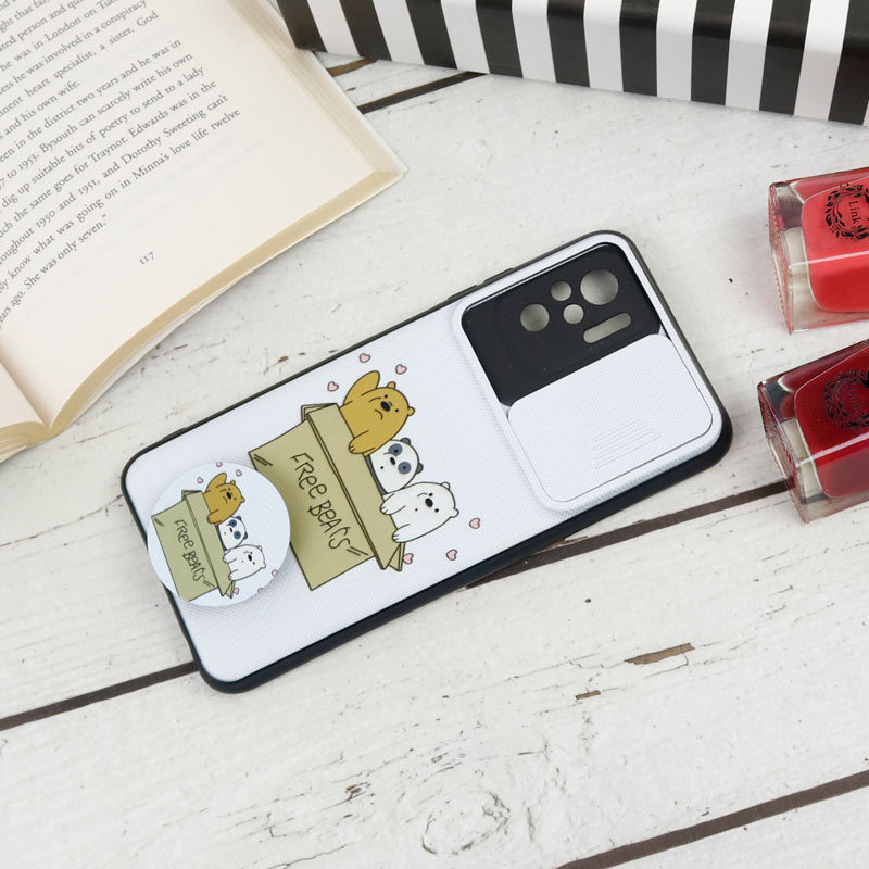 قاب طرحدار محافظ لنز دار کشویی + پاپ سوکت طرح کله فندقی شیائومی Redmi Note 10 / Note 10s