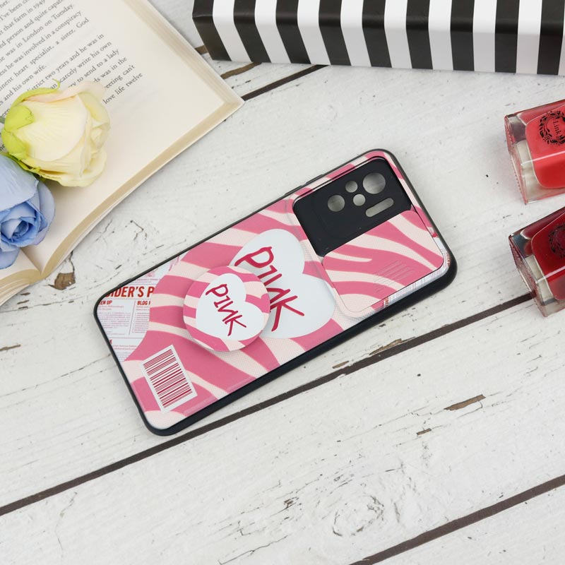 قاب طرحدار محافظ لنز دار کشویی + پاپ سوکت طرح Pink شیائومی Redmi Note 10 / Note 10s