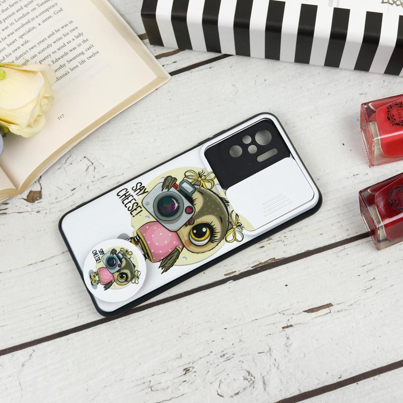 قاب طرحدار محافظ لنز دار کشویی + پاپ سوکت طرح جغد شیائومی Redmi Note 10 / Note 10s