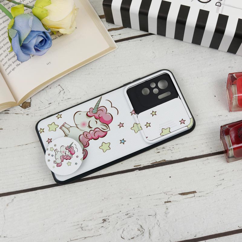 قاب طرحدار محافظ لنز دار کشویی + پاپ سوکت طرح یونیکورن شیائومی Redmi Note 10 / Note 10s