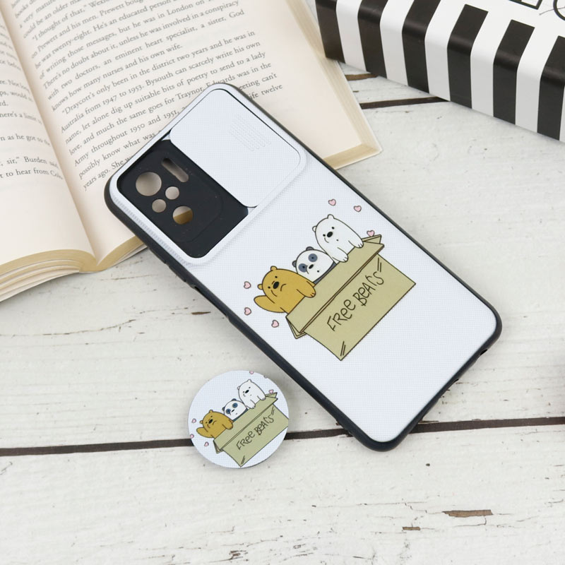 قاب طرحدار محافظ لنز دار کشویی + پاپ سوکت طرح کله فندقی شیائومی Redmi Note 10 / Note 10s