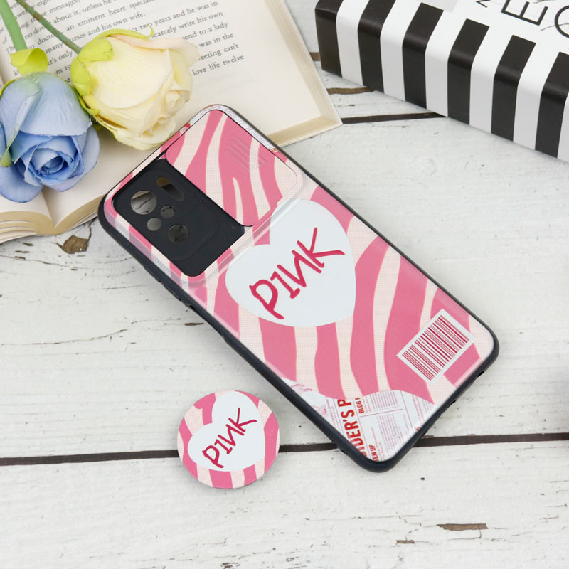 قاب طرحدار محافظ لنز دار کشویی + پاپ سوکت طرح Pink شیائومی Redmi Note 10 / Note 10s