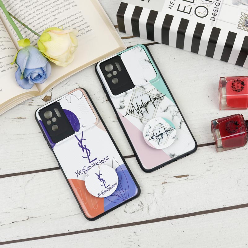 قاب طرحدار محافظ لنز دار کشویی + پاپ سوکت طرح Pink شیائومی Redmi Note 10 / Note 10s