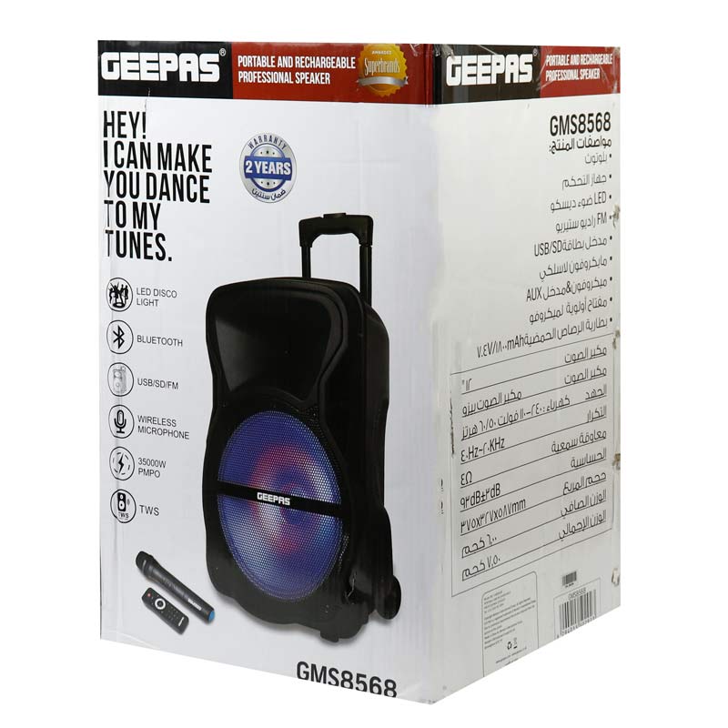 اسپیکر چمدانی بلوتوثی رم و فلش خور Geepas GMS8568 + میکروفون و ریموت کنترل