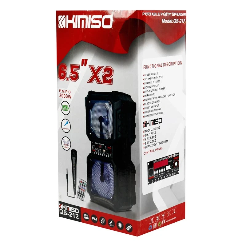 اسپیکر چمدانی بلوتوثی رم و فلش خور Kimiso QS-212 + میکروفون و ریموت کنترل