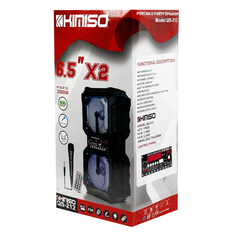 اسپیکر چمدانی بلوتوثی رم و فلش خور Kimiso QS-212 + میکروفون و ریموت کنترل