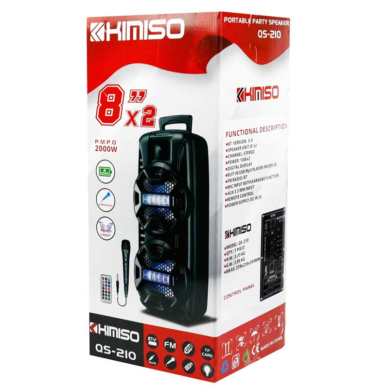 اسپیکر چمدانی بلوتوثی رم و فلش خور Kimiso QS-210 + میکروفون و ریموت کنترل