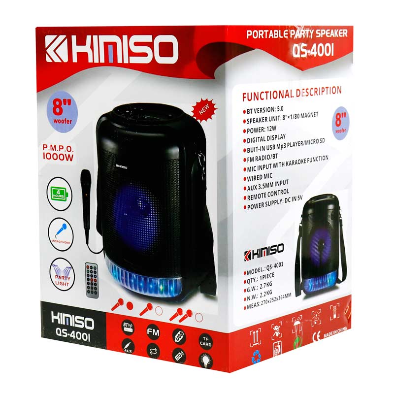 اسپیکر چمدانی بلوتوثی رم و فلش خور Kimiso QS-4001 + میکروفون و ریموت کنترل