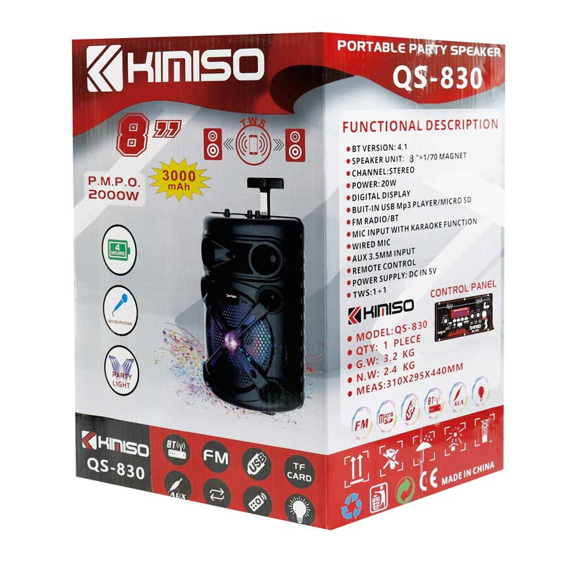 اسپیکر چمدانی بلوتوثی رم و فلش خور Kimiso QS-830 + میکروفون و ریموت کنترل